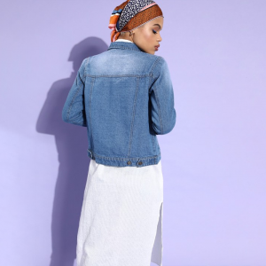 Women Blue Washed Pure Cotton Denim Jacket
