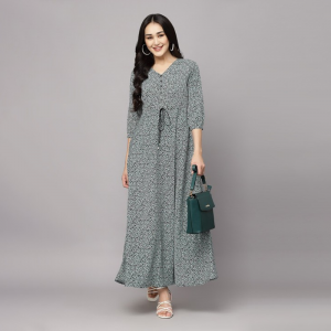 Floral Printed V-Neck A-Line Maxi Dress